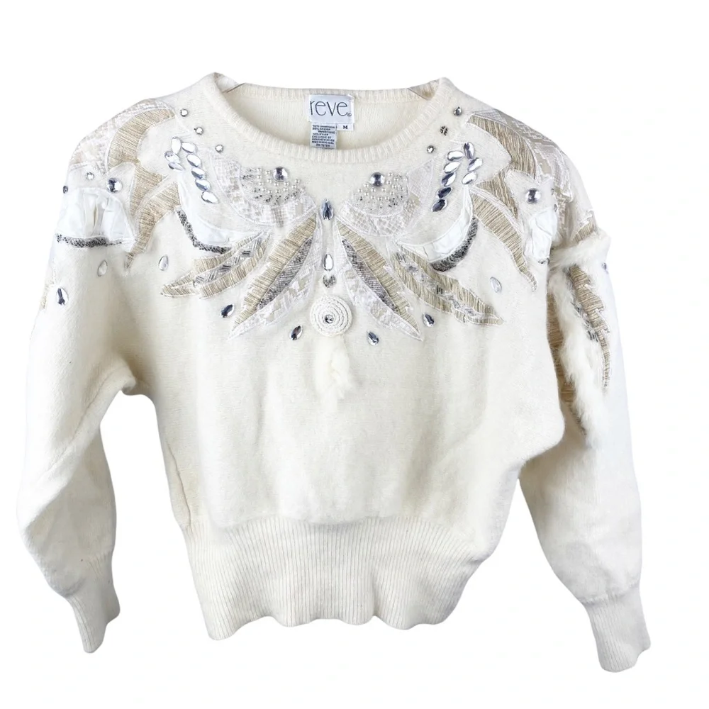 Vintage Reve Ivory Lambswool Rabbit Hair Angora Embroidered Sweater Size Medium - Picture 1 of 9